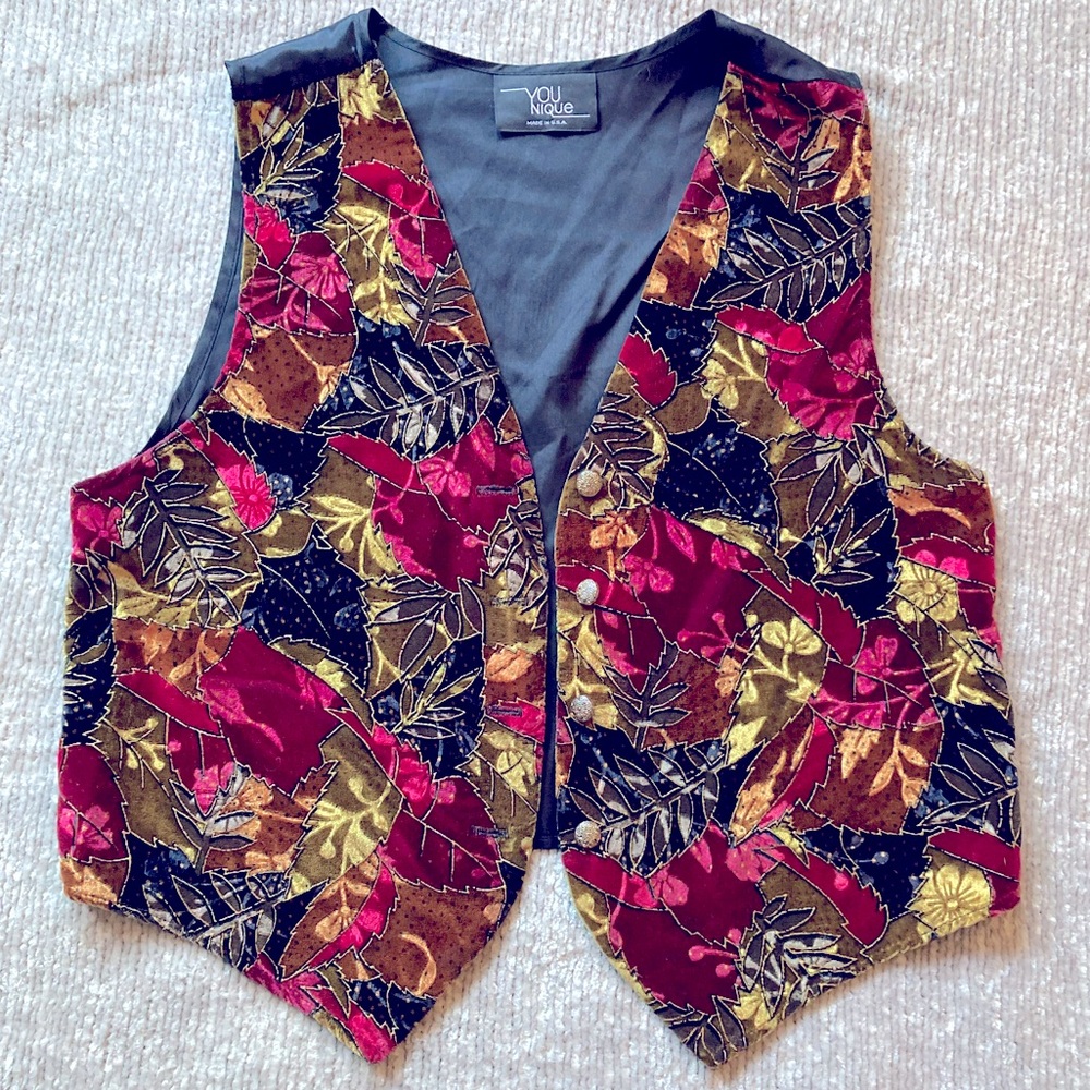 Vintage Fall Vest Leaf Pattern Sparkly Velvet‎ Retro 90s Cottagecore Whimsigoth